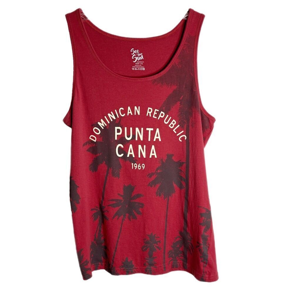See You Sun Women's Tank Top Size L Red Punta Cana Graphic Palm Tree 100% Cotton